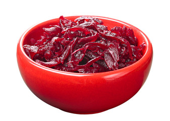 Grated boiled beet in a red cup