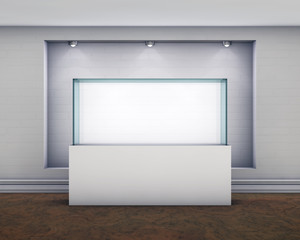 3d glass showcase and niche with spotlights for exhibit in the g