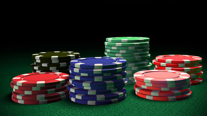 6 Casino color chips green table