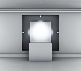 3d glass showcase and niche with spotlights for exhibit in the g