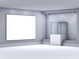 3d glass showcase with lightbox for exhibit in the gallery
