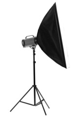 Studio flash with soft-box on white background