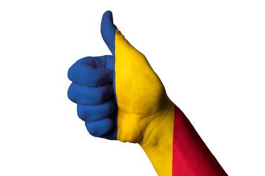 romania national flag thumb up gesture for excellence and achiev