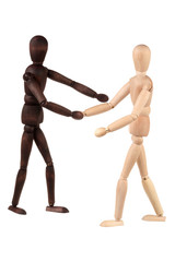 Two dummy shake hands