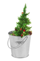 Christmas tree in a metal bucket