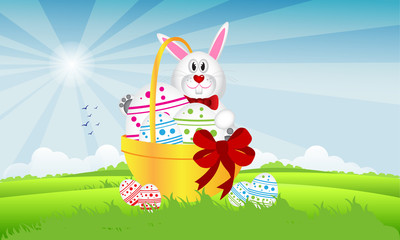 Easter hare in a basket with eggs