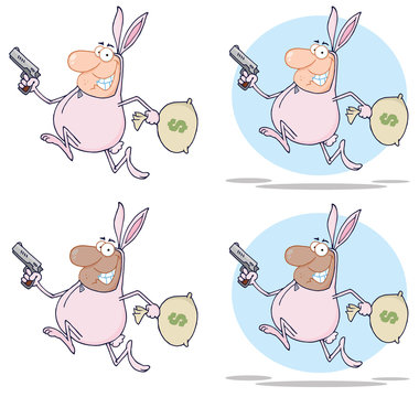 Happy Bandits Running With Rabbit Costume. Vector Collection