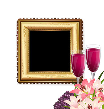 glass of wine with fruit and flowers on the background of a gold