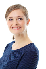 Beautiful young smiling woman. Isolated over white background