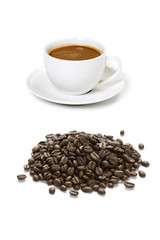 coffee cups and coffee beans