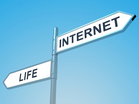 hard choice between real life and internet. road sign concept