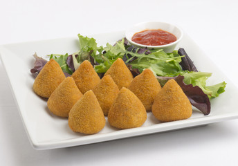 Coxinha -Brazilian deep fried chicken snack, salad & chili sauce