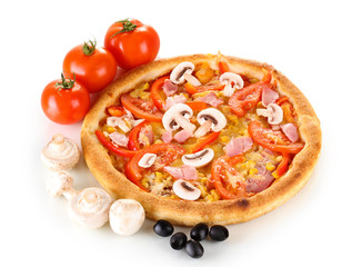 Aromatic pizza with vegetables and mushrooms isolated on white