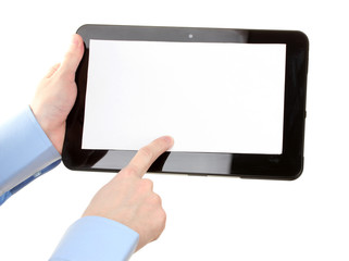 male hands holding a tablet isolated on white
