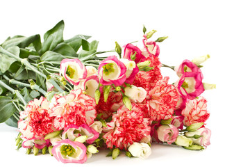 bouquet of pink carnations and lisianthus flowers