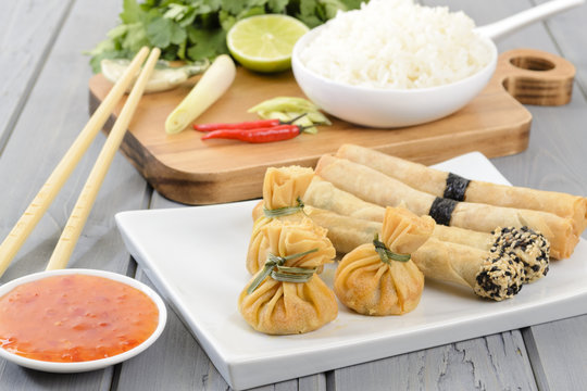 Oriental Snacks - wontons and spring rolls & sweet chilli sauce