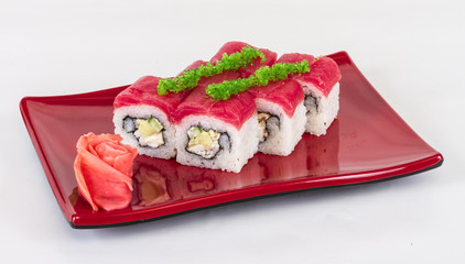 Maki Sushi - Roll made of Crab, avocado, cucumber inside. Fresh