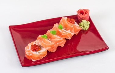 Japanese sushi traditional japanese food.Roll made of salmon, re