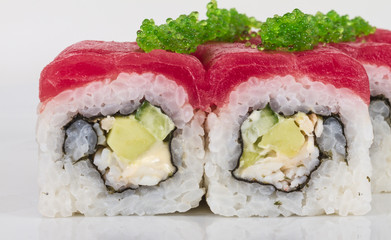 Maki Sushi - Roll made of Crab, avocado, cucumber inside. Fresh