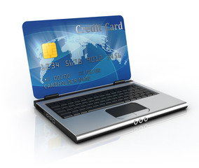 on line shopping 3d concept - credit card laptop