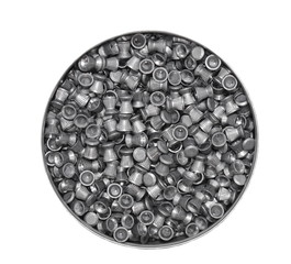 Aluminum can of lead pellets isolated on white