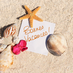 Blank paper beach sand starfish shells summer