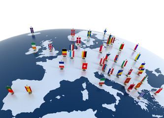 european countries - continent marked with flags - obrazy, fototapety, plakaty
