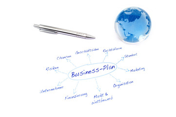 Glasglobus mit Business-Plan, Kugelschreiber etc