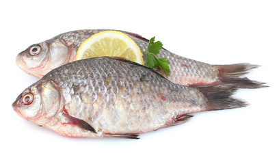 Fresh fishes with lemon and parsley isolated on white