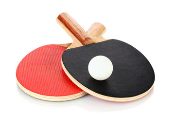 ping-pong rackets and ball, isolated on white