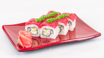 Maki Sushi - Roll made of Crab, avocado, cucumber inside. Fresh