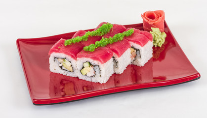 Maki Sushi - Roll made of Crab, avocado, cucumber inside. Fresh