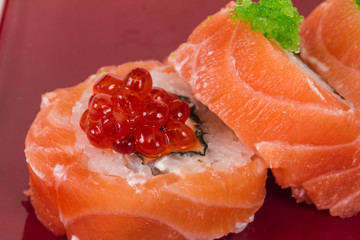 Japanese sushi traditional japanese food.Roll made of salmon, re