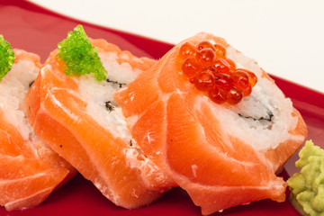 Japanese sushi traditional japanese food.Roll made of salmon, re