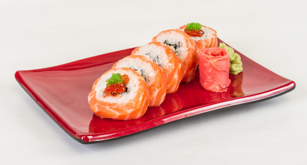 Japanese sushi traditional japanese food.Roll made of salmon, re