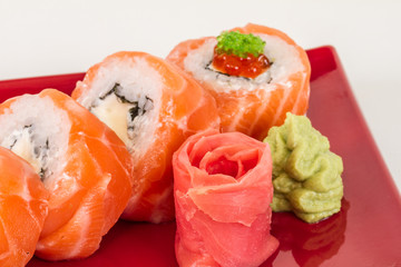 Japanese sushi traditional japanese food.Roll made of salmon, re