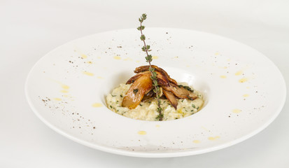 photo of delicious risotto dish with herbs and mushrooms on whit