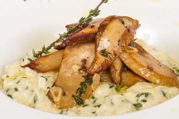 photo of delicious risotto dish with herbs and mushrooms on whit
