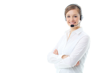 Support phone operator in headset, isolated on white