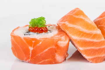 Japanese sushi traditional japanese food.Roll made of salmon, re