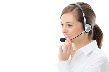 Support phone operator in headset, isolated on white
