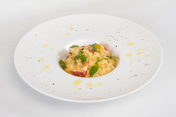 photo of delicious risotto dish with herbs and tomato on white b