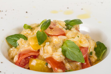 photo of delicious risotto dish with herbs and tomato on white b