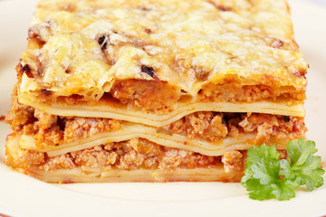 Italian cuisine. Meat lasagna closeup