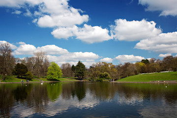 Scenic park lake in spring, wide view