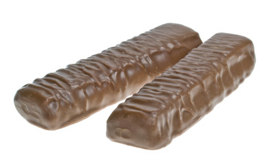 Two chocolate bar fingers on a white background
