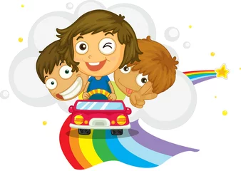 Schapenvacht deken met patroon Regenboog Kinderen rijden