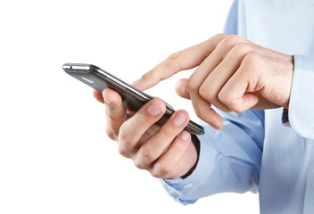 Close up of man using smart phone isolated on white background
