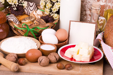Tasty food ingredients and baking on background with banner add