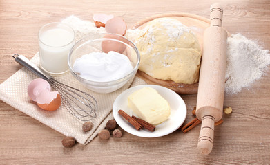 Ingredients for the dough wooden table
